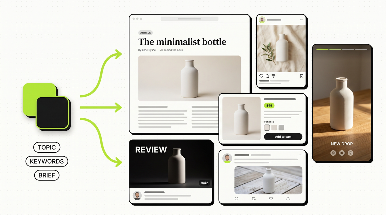 Postibo brand hub on the left connected by lime-green arrows to a grid of six realistic content surfaces on the right — a blog post, an Instagram feed post, a vertical story, a Shopify product page, a YouTube thumbnail, and a Twitter/X post — all featuring the same matte white ceramic bottle product across every platform