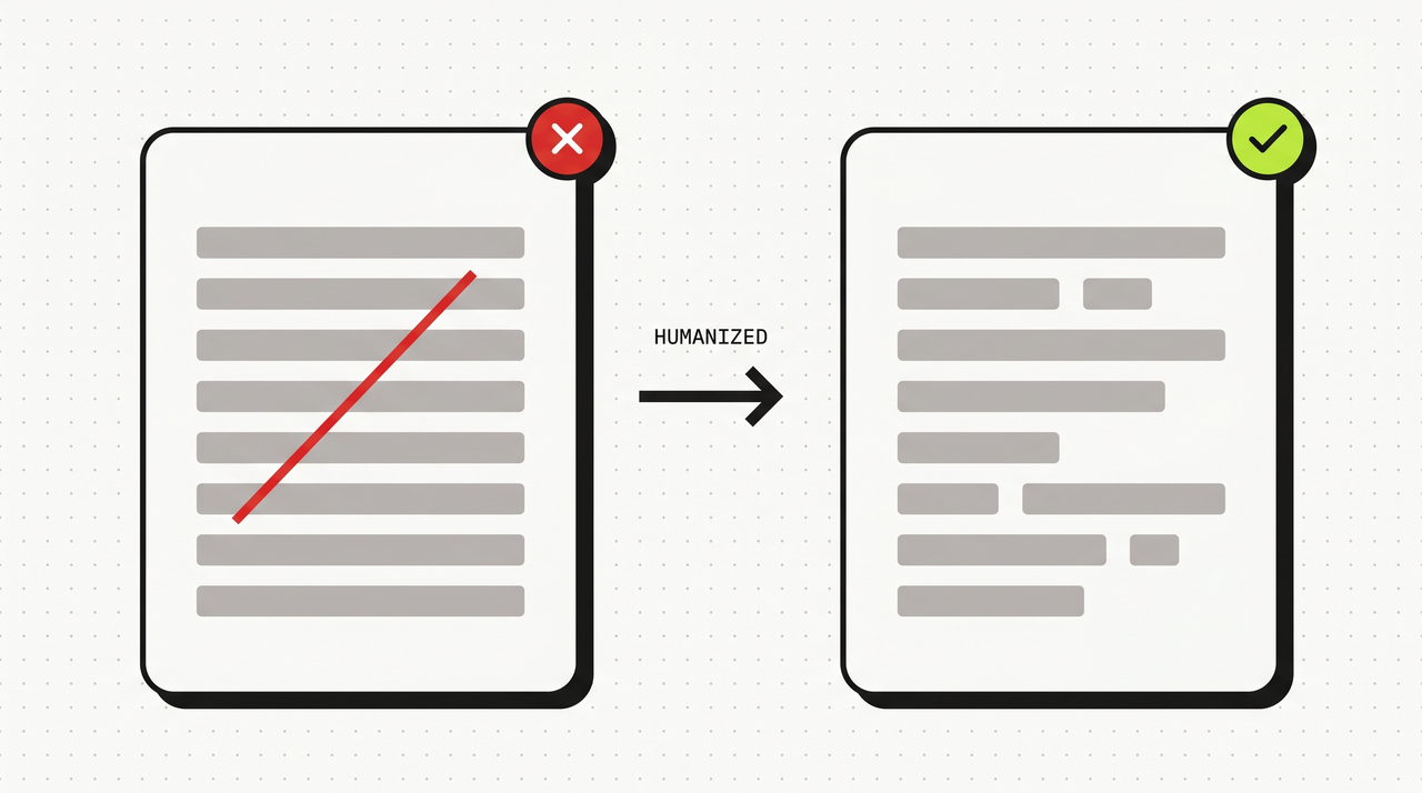 Two side-by-side designer cards: left shows uniform bars with red X mark (robotic), right shows varied bars with green check (humanized), connected by a HUMANIZED arrow