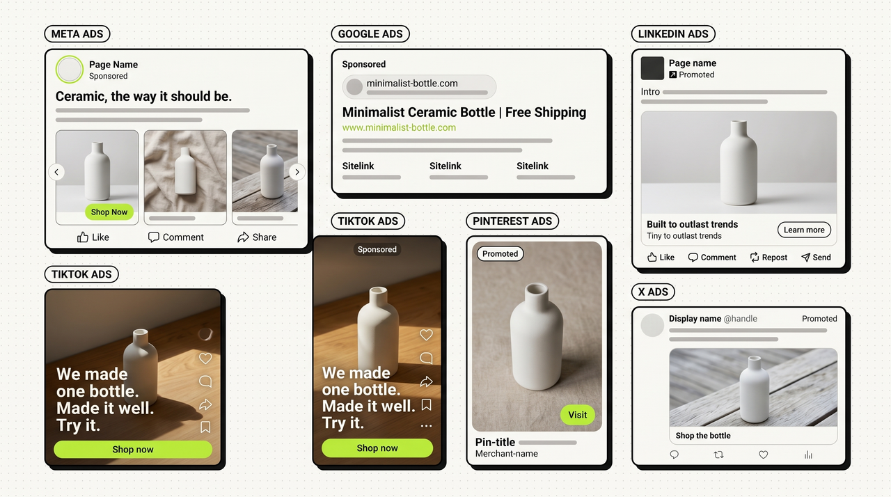 Six realistic ad creative mockups for Meta Ads, Google Ads, LinkedIn Ads, TikTok Ads, Pinterest Ads, and X Ads — each card shows a finished ad featuring the same matte white ceramic bottle product, with platform-correct format conventions (Meta carousel, Google RSA headline grid, LinkedIn single image, TikTok 9:16 in-feed, Pinterest pin ad, X promoted post)
