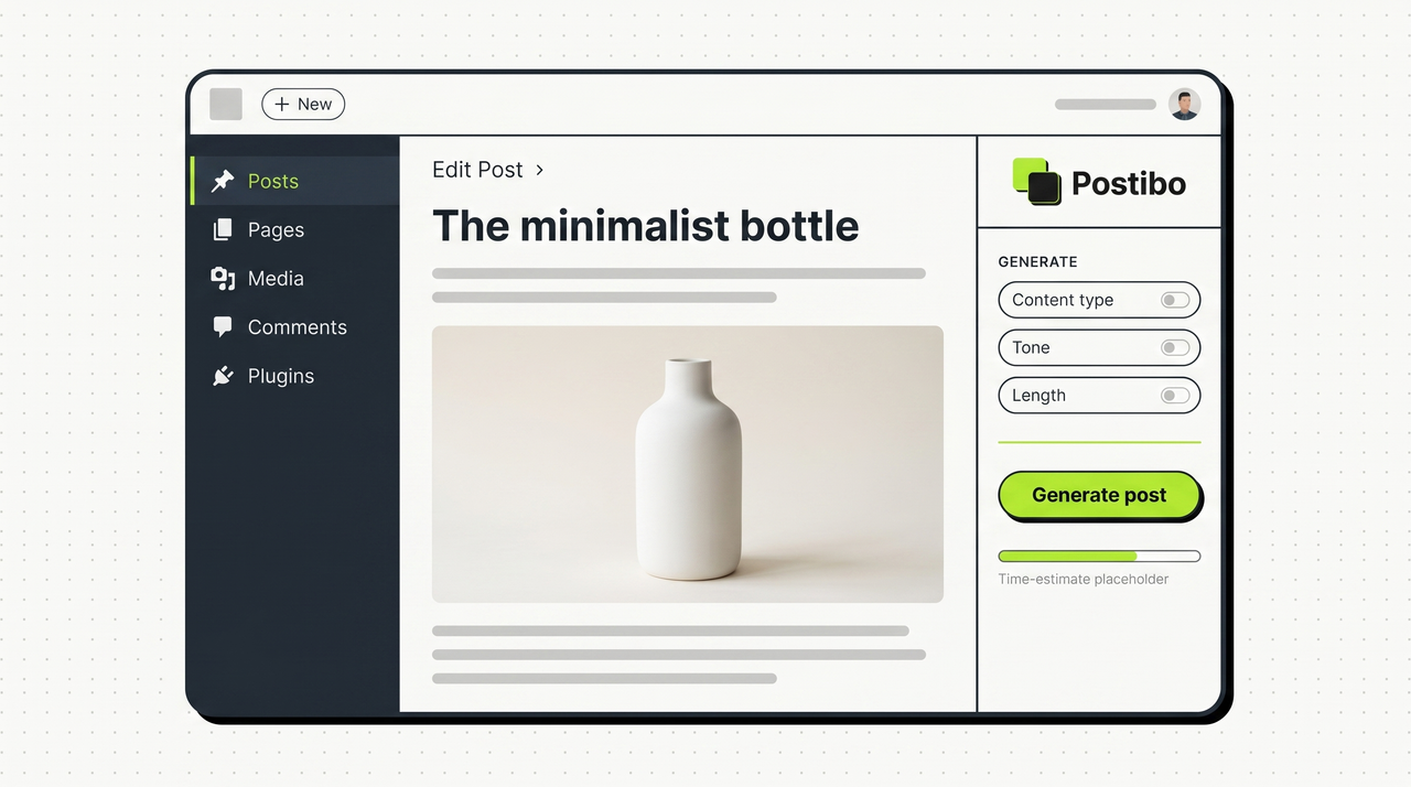 Realistic WordPress wp-admin Gutenberg editor mockup filling the frame: dark left admin sidebar (Posts, Pages, Media, Comments, Plugins), Edit Post breadcrumb, "The minimalist bottle" H1, real photograph of the matte white ceramic bottle as the post hero block, paragraph body bars, and a Postibo plugin sidebar panel on the right with content-type / tone / length toggles and a lime-green Generate post button