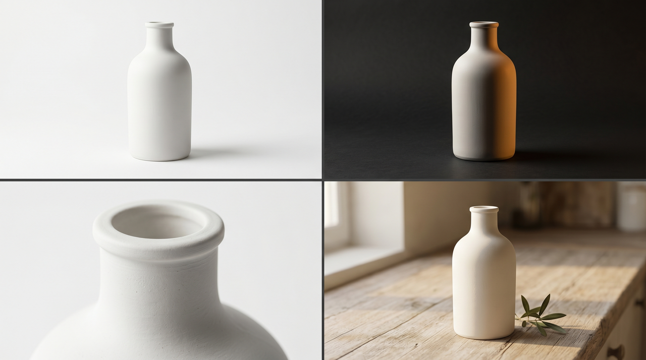 Four real product photographs of the same ceramic bottle in four distinctly different photography styles arranged in a clean 2x2 grid — studio, moody, macro, lifestyle