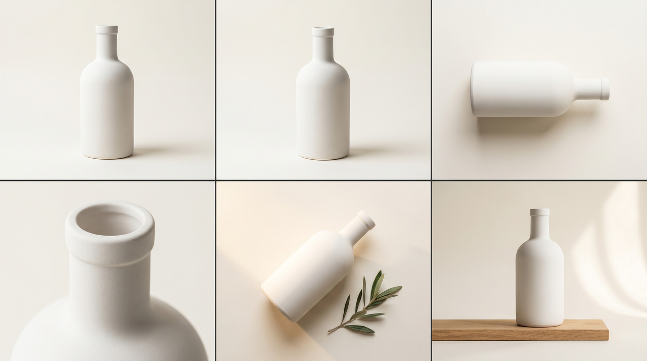 Professional product photography gallery: six real photographs of the same matte white ceramic bottle shot from different angles in a clean 2x3 grid
