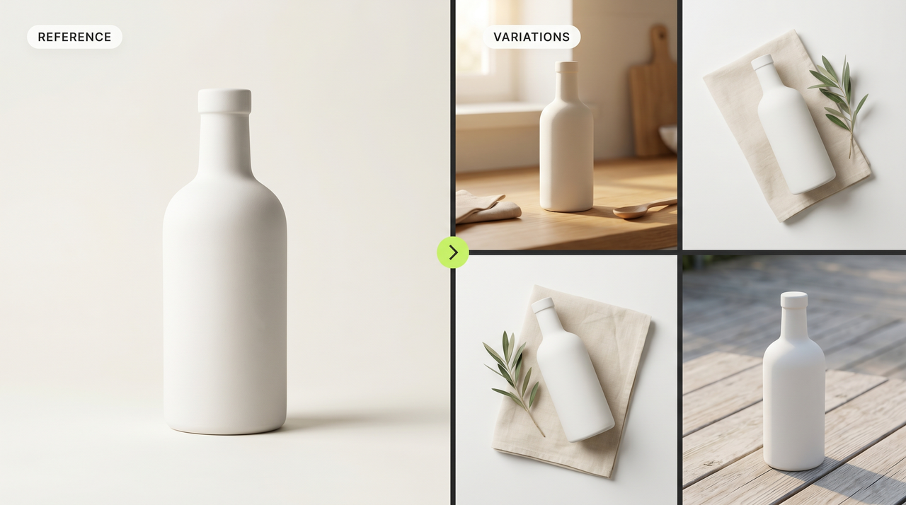 Real product photography: one studio reference photo of a ceramic bottle on the left next to three smaller photos of the same bottle in kitchen, flat-lay, and outdoor settings on the right